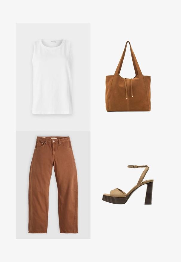 Bijela bezrukava majica napravljena od mekanog pamuka. Ima okrugli izrez i ravni kroj. Jednostavan dizajn bez vidljivih uzoraka ili akcenata.; Traperice ravnog kroja u smešnoj smešnoj smešnoj boji, s prednjim i stražnjim džepovima, metalnim zakovicama, kopčanjem na dugme i petljama za remen, položene ravno na beloj pozadini.; Beige suedirane sandale s visokim potpeticama, širokom prednjom trakom i trakicom oko gležnja, s debelom drvenom blok-potpeticom s teksturiranim završetkom.; Smeđa antilop torba za ruke s dva duga remena, zatvaranje na vezicu i minimalistički dizajn. Glatka tekstura i bez vidljivih metalnih elemenata.