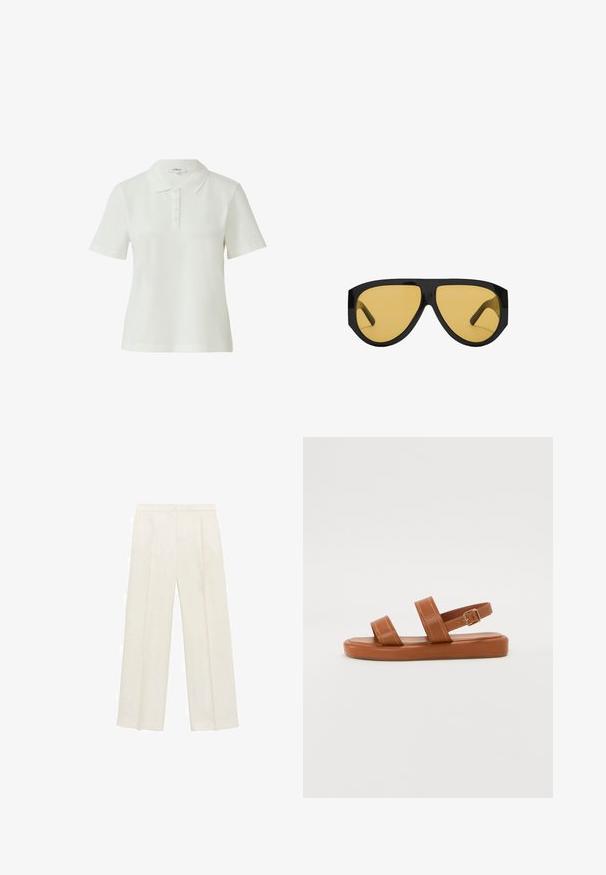 Witte poloshirt van gladde, lichte stof met een klassieke kraag, korte mouwen en een zijnaden met vijf knopen.; Wijdgevallen broeken in een lichtcrème kleur. Gemaakt van een zachte stof met plooien aan de voorkant en zijzakken.; Bruine leren sandalen met twee brede banden en een achterband, met een platte zool met subtiele stikdetails en een metalen gesp accent.; Zonnebril met een strakke zwarte kunststof frame en gele getinte glazen, met een opvallende hoekige vorm en brede pootjes voor extra bescherming.