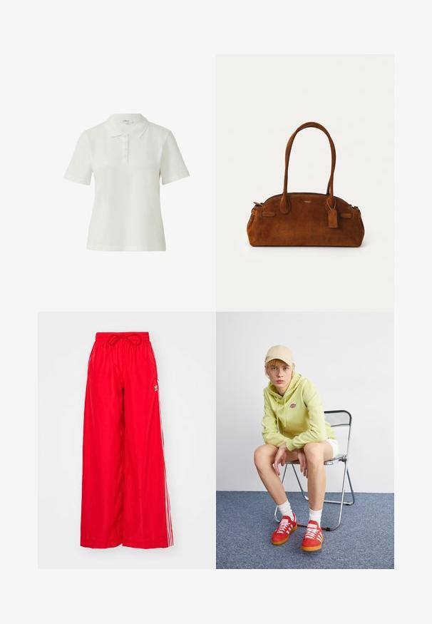 Biała koszulka polo wykonana z gładkiego, lekkiego materiału z klasycznym kołnierzykiem, krótkimi rękawami oraz listwą z pięcioma guzikami.; Czerwone spodnie szerokie, wykonane z lekkiego materiału, z białymi paskami po bokach oraz elastycznym pasem z regulowanym sznurkiem.; Jasnozielona bluza z kapturem z logo, białe szorty, czerwone buty sportowe w białe paski, siedzący na chromowanym składanym krześle na neutralnym tle.; Brązowa torebka z zamszu z dwiema zaokrąglonymi uchwytami, złotą okuciami, małą zawieszką i gładkim zamkiem błyskawicznym. Posiada subtelne przeszycia.; Kwadratowy zegarek Cluse z białą tarczą, złotymi i srebrnymi akcentami oraz bi-metalową bransoletą z naprzemiennymi złotymi i srebrnymi ogniwami.