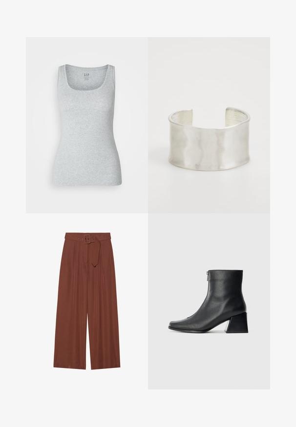 Sivý priliehavý top s ramenami, vyrobený z jemnej bavlny. Má okrúhly výstrih a široké ramenné popruhy. Na výstrihu je štítok s nápisom "GAP."; Hnedé široké nohavice vyrobené z látky, s opaskom so štvorcovou prackou, s nariaseným dizajnom a hladkou textúrou.; Čierna kožená členková obuv so štvrcovým špičkou, bočným zipsom a blokovým podpätkom na jednoduchom svetlom pozadí.; Zign Náramok - silver-coloured