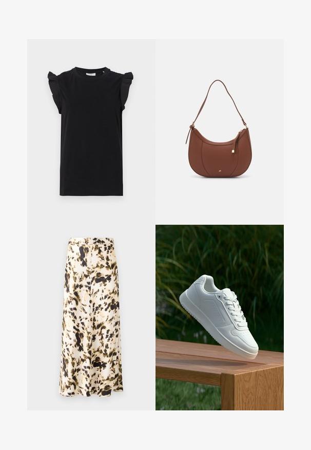 Schwarzes, kurzärmeliges T-Shirt mit Rüschendetails an den Schultern, aus glattem Stoff gefertigt, mit Rundhalsausschnitt und lockerem Schnitt.; Ein knielanger Rock aus einem leichten Stoff mit einem beige-, braun- und grünfarbigen abstrakten Muster. Verfügt über einen enganliegenden Taillenbund und ein fließendes Design.; Weiße Sneaker mit einem glatten, synthetischen Obermaterial, perforierter Zehenbox, flachen Schnürsenkeln und einer strukturierten Sohle, präsentiert auf einer Holzoberfläche.; Braune Kunstleder-Schultertasche mit geschwungener Form, minimaler Naht und goldfarbener Hardware-Akzent. Verfügt über einen oberen Reißverschluss und einen verstellbaren Trageriemen.