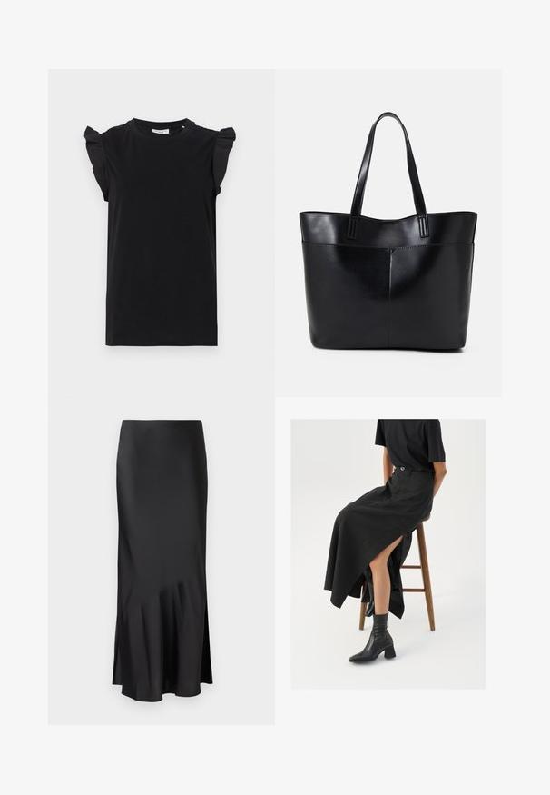 Svart t-skjorte med kort erme og rynkede skulderdetaljer, laget av et jevnt stoff, med rund hals og løs passform.; Svart sateng midi skjørt med et stilrent design, som har en lett utflaring fra kanten og glidelåsspalte på siden for bevegelsesfrihet. Glatt tekstur.; Svart lin maxi skjørt med høyt splitt, brukt med en svart t-skjorte og svarte ankelstøvler. Minimalistisk design med avslappet passform.; Svart lær toteveske med to lange håndtak, en glatt tekstur og en strukturert form. Har en frontlomme for ekstra oppbevaring.