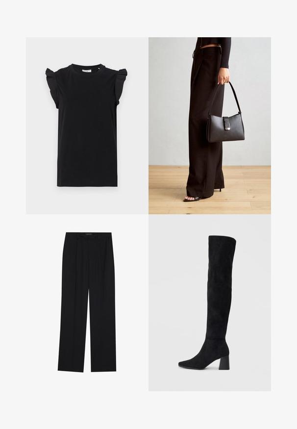 Svart t-skjorte med kort erme og rynkede skulderdetaljer, laget av et jevnt stoff, med rund hals og løs passform.; Sorte bukser med rette ben, som har to frontlommer og en talje. Laget av et glatt, lett stoff.; Sorte semskede knelang støvel med blokk-heelsk, spiss tå og glatt, sømløst design på en ensfarget lys bakgrunn.; Svart håndveske med strukturert form, jevn tekstur og metallisk lås. Kombinert med brede svarte bukser og sandaler med åpen tå på tregulv.