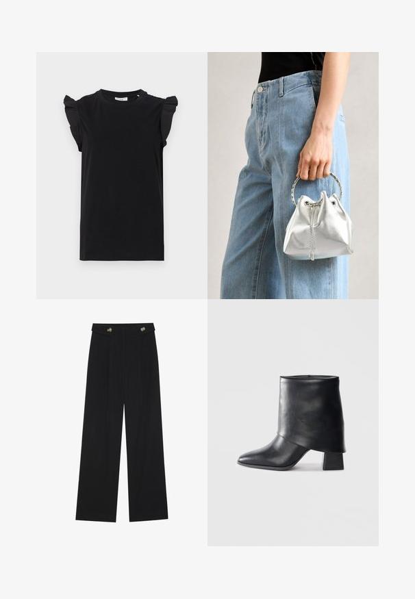 Črna majica s kratkimi rokavi z nabrano ramenskim poudarkom, izdelana iz gladkega materiala, z okroglo vratno odprtino in sproščenim krojem.; Črne široke hlače s visokim pasom, gumbnimi detajli na pasu in sprednjimi gubami.; Črne usnjene gležnjarje z izostrenim prstom, gladko teksturo in trdnimi blokastimi petami. Imajo visok, zložen manšeti.; Metalna srebrna torba na ramenu z zrnato površino, okrašena s srebrnim okroglim ročajem in zapiranjem na vrvico, držana ob svetlo modrih džinsih.