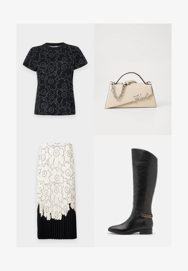 Sort t-shirt med blomstermønster i hvidt omrids, med korte ærmer og rund hals. Fremstillet af bomuldsstof med en glat overflade.; Plisseret nederdel med et blomstret sort-hvidt mønster, der har en lyseoverdel med blomster og en ensfarvet sort underkant.; Høje sorte læderstøvler med et slankt design, spids tå og en guld kædeaccent ved anklen. Lav blokhæl. Glat overflade.; Beige læderhåndtaske med en struktureret, trekantet form, der har et sølvfarvet kædehåndtag og et kursivlogo i metal.
