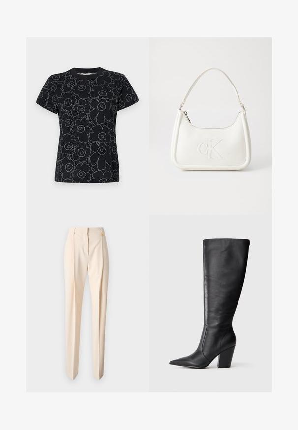 Black t-shirt featuring a floral pattern outlined in white, with short sleeves and a crew neck design. Cotton material with a smooth texture.; Beige tailored trousers with a smooth texture, featuring a slightly tapered leg, front pleats, and a small gold accent detail.; Black knee-high leather boot with pointed toe and chunky high heel, shown in left side profile on white background.; White leather handbag with a curved shape, featuring an embossed "CK" logo on the front and a single shoulder strap. Zipper closure at top.