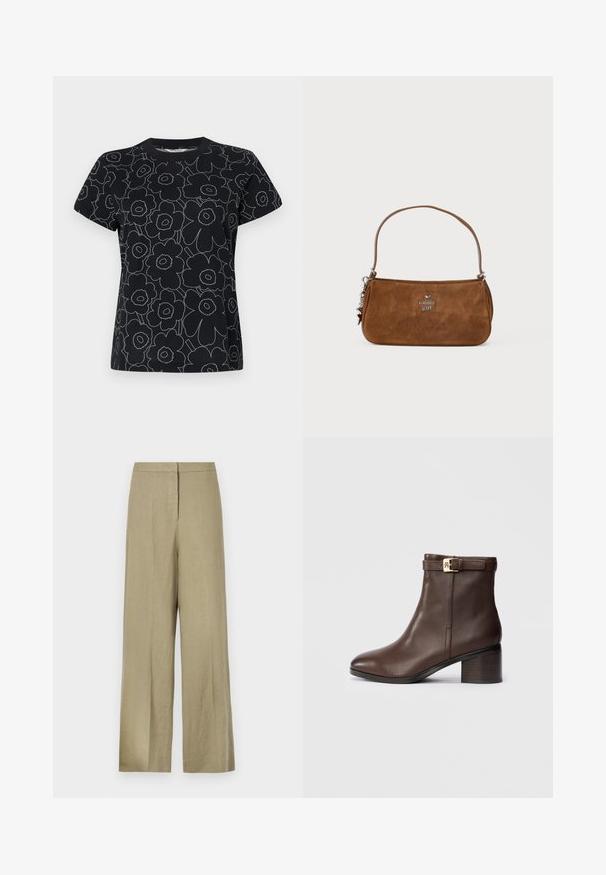 Zwarte t-shirt met een bloemenpatroon omlijnd in het wit, met korte mouwen en een ronde hals. Gemaakt van katoen met een gladde textuur.; Lichtgroene, wijde broek van linnen. Heeft een hoge taille en een schone voorkant met een enkele plooien.; Bruine leren enkelboot met een ronde neus, een lage blokhak en een decoratieve gespband rond de enkel. Gladde textuur en strakke design.; Bruine suède handtas met een korte schouderriem. Heeft een zilveren logo, steraccent en een gladde textuur. Compacte rechthoekige vorm.