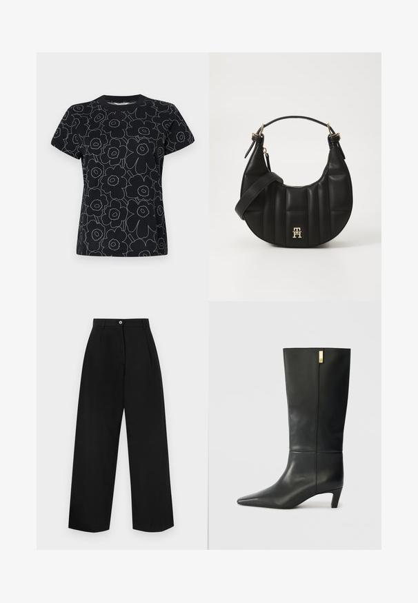 Tricou negru cu un model floral conturat în alb, cu mâneci scurte și un guler rotund. Material din bumbac cu o textură netedă.; Pantaloni negri evazați, cu un front plat, două pliuri, închidere cu un singur buton și o textură netedă. Fără buzunare vizibile.; Boot cu piele neagră, până la genunchi, cu vârf ascuțit și toc mic. Prezintă un design elegant cu un detaliu auriu. Textură netedă.; Geantă de mână din piele neagră, cu o formă curbată, textură matlasată și accesorii aurii. Dispune de o curea pentru umăr detașabilă și detalii cu logo.