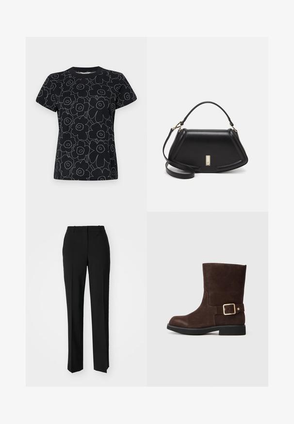 Czarna koszulka z krótkim rękawem, z wzorem kwiatowym w białym obrysie, z okrągłym dekoltem. Wykonana z bawełny o gładkiej teksturze.; Czarne spodnie o dopasowanym kroju z prostymi nogawkami, o gładkiej fakturze i wyraźnych zagięciach z przodu. Bez widocznych elementów metalowych.; Brązowe zamszowe botki za kostkę z okrągłym noskiem, płaską czarną podeszwą i złotym zapięciem na boku. Gładka faktura i prosty design.; Czarna skórzana torebka o strukturalnym designie, z przyciętą formą, górnym uchwytem i złotymi akcentami. W zestawie regulowany pasek na ramię.
