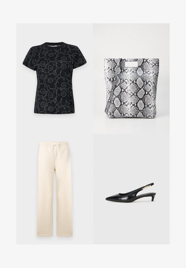 Juodas marškinėlius su baltu gėlių raštu, trumpomis rankovėmis ir apvalia kaklo iškirpte. Pagamintas iš medvilnės, su lygiu paviršiumi.; Kreminės spalvos sportinės kelnės, pagamintos iš minkštos medžiagos, su elastingu diržu ir raišteliu, plačiomis kojomis ir be matomų raštų.; Juodas odinis pavasario batelių modelis su smailiu nosiu, turintis siaurą kulniuką ir auksinės spalvos akcentu reguliuojamoje juostoje. Lygi tekstūra.; Juodai-balta gyvatės odos rašto rankinė su stačiakampiu išpjovimu rankenai, lygia tekstūra ir struktūrine forma. Į komplektą įeina reguliuojama dirželis.