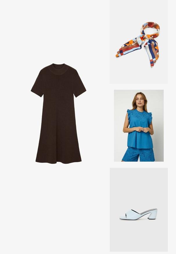 Moves MITI - Blouse - nebulas blue; Bruine gebreide jurk met korte mouwen, een ronde halslijn en een uitlopende snit. Textuurstof met een geribbeld patroon overal.; Lichtblauwe open teen hakmules met een geometrisch ontwerp, voorzien van een brede band over de voet en een forse, hoekige hak.; Zijden sjaal met een kleurrijk bloemen- en geometrisch patroon in tinten van oranje, blauw, bruin en crème. Driehoekige uiteinden met een zachte textuur.