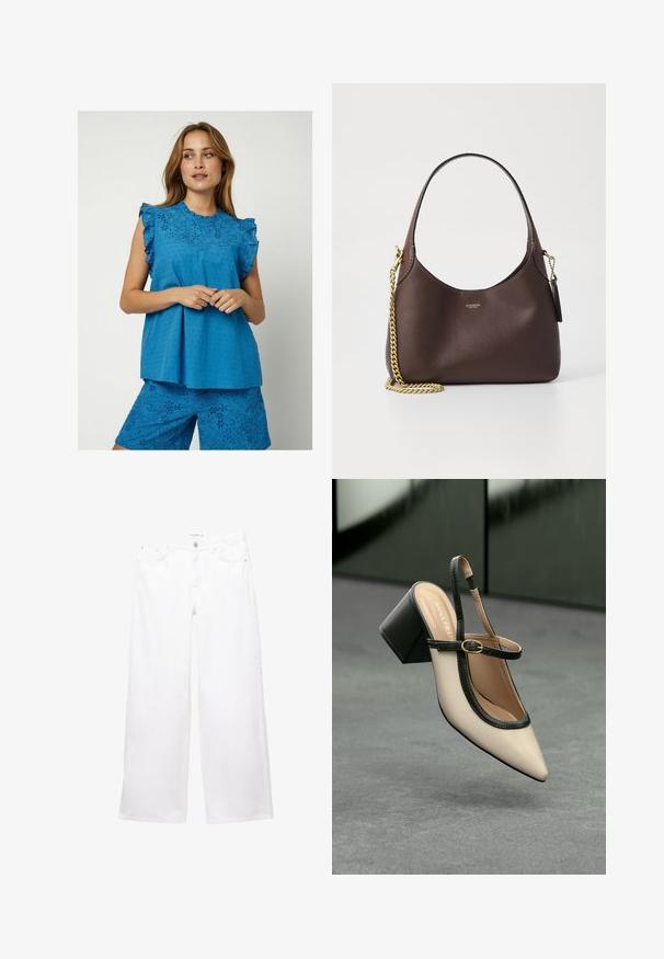 Moves MITI - Blouse - nebulas blue; White wide-leg jeans made of denim with a smooth texture. Features a button and zipper closure with two front pockets and two back pockets.; Beige pointed-toe slingback shoe with black trim, gold buckle, and a chunky block heel on gray floor with dark green background.; COACH BROOKLYN SHOULDER BAG 23 - Handbag - maple