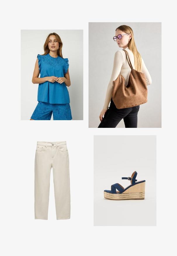 Moves MITI - Blúz - nebulas blue; Fehér farmernadrág laza szabással, egyenes szárral, öt zsebes kialakítással, valamint finom textúrájú fém kiegészítőkkel.; Tengerészeti kékszínű wedges szandál keresztbe fölmérő pántokkal, texturált természetes rostból készült talppal, és arany fémes díszítéssel az alján.; Barna velúr vászontáska puha textúrával, nagy nyílással és hosszú pántokkal. Egyszerű dizájnnal rendelkezik, látható varrással és nincs rajta fém alkatrész.