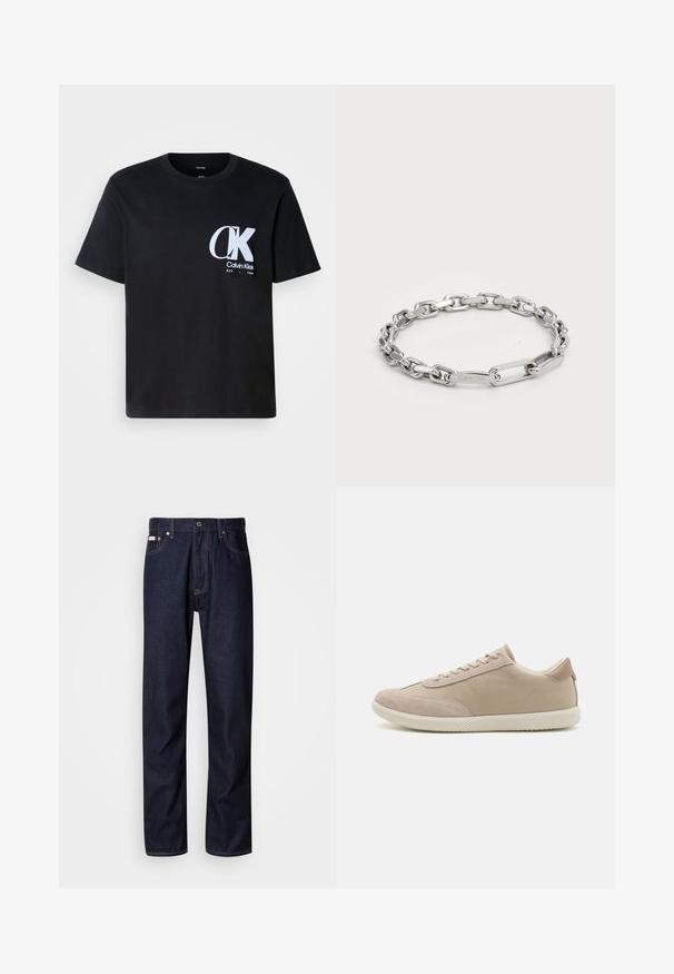 Černé bavlněné tričko s krátkými rukávy, kulatým výstřihem, se bílým logem "CK" na levé hrudi. Hladká textura, rovný lem.; Tmavomodré džínové kalhoty se střihováním rovného nohavice, s knoflíkovým zapínáním, pěti kapsami a kontrastním prošíváním.; Beige tenisky s kombinací semiše a plátna, s tkaničkami, kulatou špičkou, texturovanou podešví a decentním logem značky na boku.; Stříbrný řetízek na zápěstí se zaoblenými a obdélníkovými články s hladkým povrchem. Vyrývané logo Calvin Klein na plochém článku.