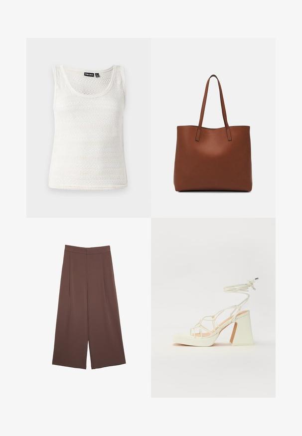 Top tank in maglia bianca con scollatura a girocollo e motivo texturizzato. Il materiale è leggero con una finitura fine e morbida.; Pantaloni ampi marroni con una texture liscia, caratterizzati da una vita alta e pieghe frontali. Il tessuto è leggero e scorre liberamente.; Sandalo bianco con tacco alto, caratterizzato da un design a cinturini e un legaccio alla caviglia. Texture liscia con una piattaforma frontale per un'altezza aggiuntiva.; Borsa tote in pelle marrone con texture liscia, design con apertura superiore e due spallacci. Presenta cuciture minime e nessun hardware visibile.