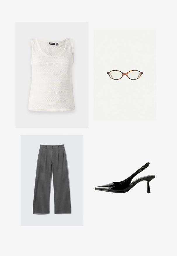Bijela pletena majica bez rukava s izrezanom linijom i teksturiranim uzorkom. Materijal je lagan s finim, mekim završetkom.; Sive prugaste hlače širokih nogavica s prednjim nabora i peteljkom, položene ravno na bijeloj pozadini.; Crne lakovane kožne cipele s otvorenom petom, šiljastim vrhom, izrezanim stranama, podešavajućom naramenicom i tankim, elegantnim potplatom.; Naočale u boji kornjače s ovalnim staklima i elegantnim, glatkim završetkom. Imaju tanke strane s suptilnom krivuljom na sljepoočnicama. Prozirna stakla.