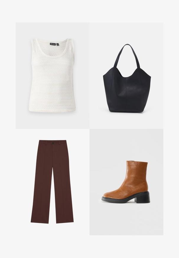 White knit tank top featuring a scoop neckline and textured pattern. Material is lightweight with a fine, soft finish.; Wide-leg trousers in a rich brown fabric. Features a button closure, two front pockets, smooth texture, and clean lines.; Brown leather ankle boot with a slightly crinkled texture, rounded toe, and a black stacked heel. Features minimal stitching and no visible hardware.; Black tote bag made of smooth leather, featuring a curved, open top with two shoulder straps and a minimalist design.