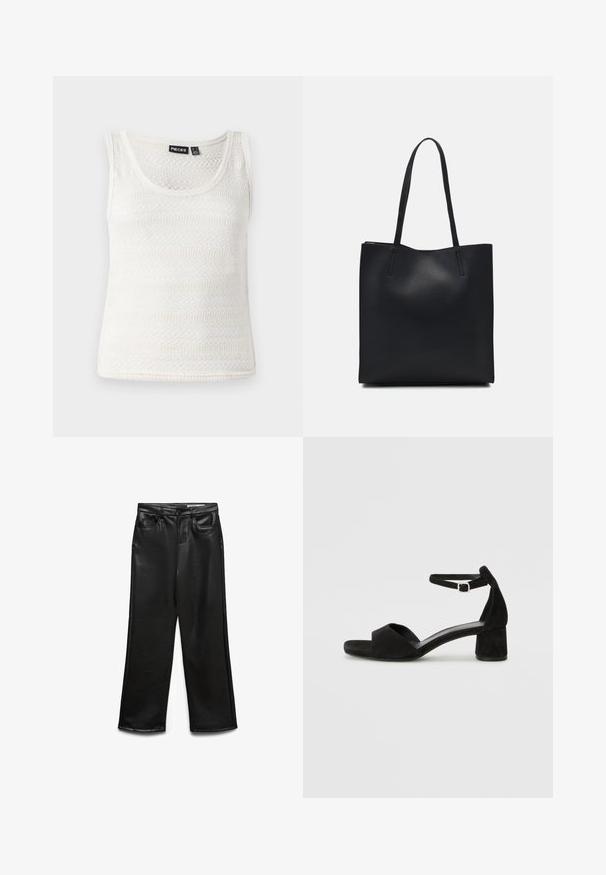 Débardeur en tricot blanc avec un décolleté arrondi et un motif texturé. Le matériau est léger avec une finition fine et douce.; Pantalon large en cuir synthétique noir avec poches avant, passants pour ceinture et léger éclat. Texture lisse et coupe ajustée.; Sandales à talons en daim noir avec une fine lanière à la cheville, design à bout ouvert et un talon carré modeste. Texture lisse et accents minimalistes.; Sac fourre-tout en cuir noir avec une texture lisse, de forme rectangulaire et deux longues poignées. Pas de matériel ou d'ornementations visibles.