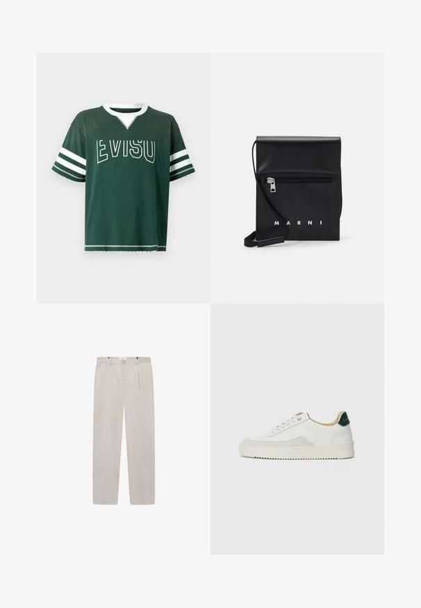 Evisu FRONT AND BACK PANELING AND CONTRAST STITCH - Triko s potiskem - green; Světle béžové kalhoty vyrobené z měkké tkaniny, s rovný střih, dvěma bočními kapsami a předním zapínáním na knoflík. Lehká a hladká textura.; Bílé tenisky se semišovými prvky, kulatou špičkou, plochými tkaničkami a krémovou gumovou podrážkou. Na patě mají zelené logo.; Černá kožená kabelka přes rameno s přední zipovou kapsou, embosovaným logem a nastavitelným popruhem. Hladký povrch s pevnou strukturou.
