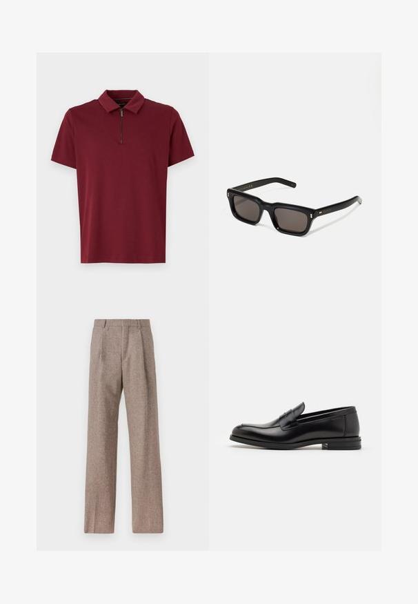 Michael Kors INTERLOCK ZIP - Polo shirt - dark red; Brown, high-waisted trousers made of textured fabric. Features wide legs and two front pleats for structure. Neat finish with no visible hardware.; Black leather loafers with a smooth texture, rounded toe, and a decorative strap across the vamp. Low stacked heel, minimalist design.; Black rectangular sunglasses with dark lenses, thick plastic frame, gold accents on temples, and brand logo engraved on the arm.
