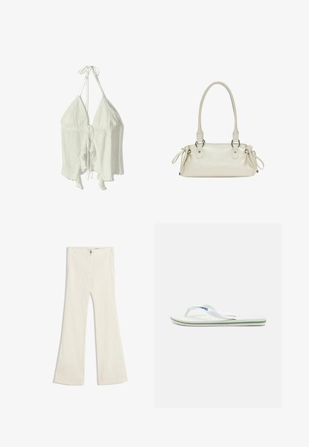 Bijeli halter top s teksturiranom, nabranom tkaninom. Ima dva trokutasta koša i nabore na rubovima, s podesivim vezicama na vratu i leđima.; Proširene hlače od svijetlosmeđeg materijala s blagom teksturom. Sadrže zatvaranje na patentni zatvarač i dva džepa sprijeda.; Bijeli japanke s teksturiranom unutrašnjosti, tankim trakama i višebojnom nagibnom linijom na đonu. Sadrži logotip na traci.; Bež torba od kože sa glatkom teksturom, dvostrukim okruglim ručkama i podesivim vezicama s obje strane. Sadrži hardver u srebrnoj boji.