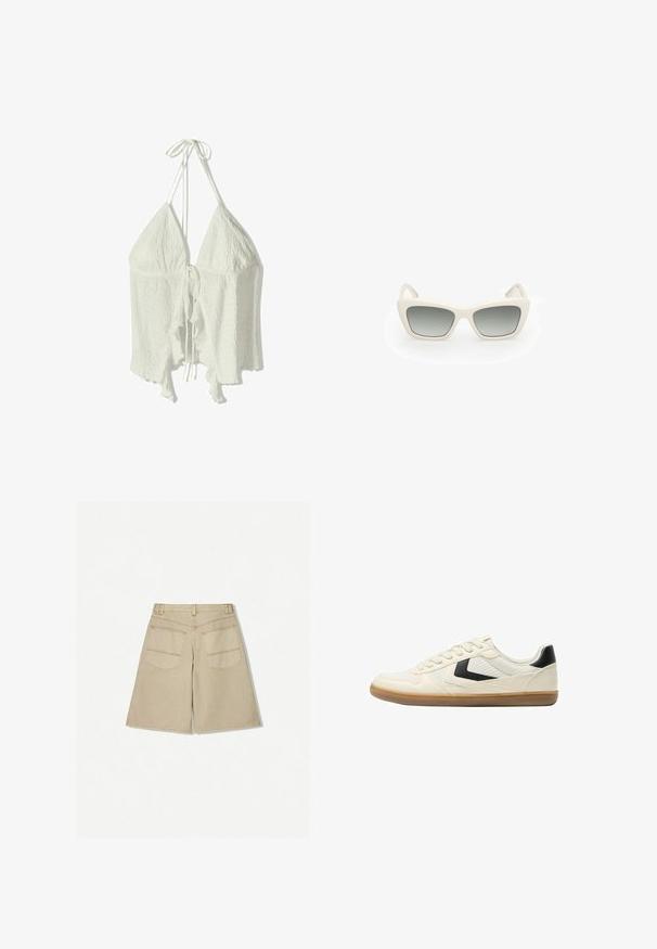 Vit halter-topp med en texturerad, skrynklig tyg. Har två triangulära kupor och volangkanter med justerbara band i halsen och på baksidan.; Beige shorts med lös passform, tillverkade av denim. Har två bakfickor och kontrasterande orange sömmar. Sömmen faller nedanför knäet.; Bershka Sneakers - white; Solenglasögon med katterdesign, vit plastbåge, grå gradientlinser och tunna glasögonstänger med subtil märkeskänsla.