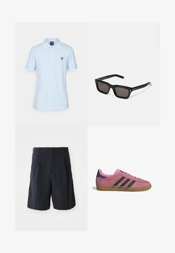 Lyle & Scott Polo - light blue/white; Weekday LOOSE SUIT - Calções - black; Sapatilha de camurça rosa com riscas pretas, sola de borracha, e calcanhar texturizado roxo. Apresenta um design de atacadores e uma marcação em relevo na lateral.; Óculos de sol retangulares pretos com lentes escuras, armação de plástico espesso, detalhes em dourado nas hastes e logotipo da marca gravado na lateral.