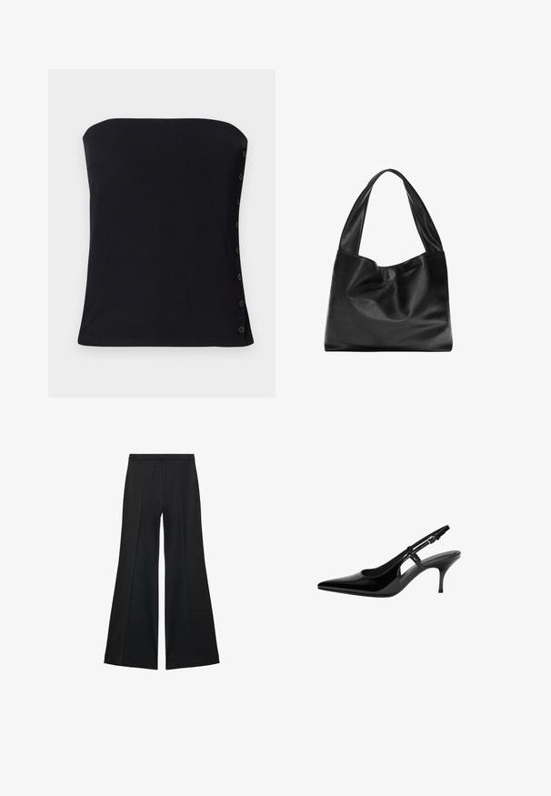 Top negru fără bretele, cu un design ajustat. Prezintă butoane laterale și o textură netedă. Linia de jos este dreaptă.; Pantaloni negri cu croială largă, având o textură netedă, cu pliseuri frontale și un design croit. Materialul este ușor și fluid.; Pump slingback din piele lacuită neagră, cu vârf ascuțit, decupaje laterale deschise, toc subțire și curea ajustabilă pentru gleznă.; Geantă de umăr din piele neagră, cu un design moale și lejer, mânere late și o textură netedă. Fără elemente de prindere vizibile sau embellishemnts.