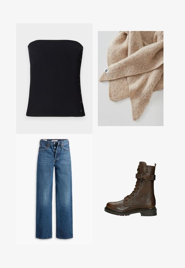 Top nero senza spalline con design aderente. Presenta bottoni laterali e una texture liscia. L'orlo è dritto nella parte inferiore.; Jeans in denim blu con un design a gamba larga, cinque tasche, chiusura con bottoni e cuciture a contrasto. Tessuto testurizzato con una finitura sbiadita.; Stivaletto in pelle marrone con lacci, fibbia laterale, punta rotonda, suola robusta e dettagli di cucitura per un tocco in più.; Coperta in lana beige con una finitura testurizzata, caratterizzata da un bordo cucito e un piccolo etichetta in un angolo. Aspetto morbido e accogliente.; Borsa a secchiello in pelle nera con chiusura a cordoncino, caratterizzata da un logo "CK" lucido sulla parte anteriore e dettagli in hardware dorato.