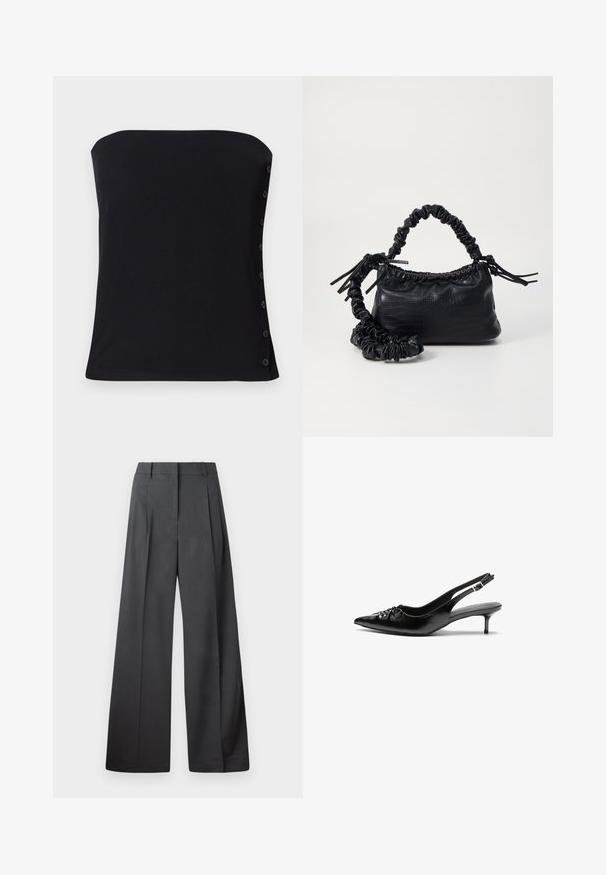 Top noir sans bretelles à côtes avec un design ajusté. Présente des boutons sur les côtés et une texture lisse. L'ourlet est droit en bas.; Pantalons à jambes larges en tissu gris foncé, avec une taille haute, des plis simples et une texture lisse avec une finition soignée aux ourlets.; Des escarpins en cuir noir à talon slingback, avec un bout pointu, un petit talon kitten et un détail de nœud décoratif à l'avant. Texture lisse sur toute la surface.; Sac à main en simili cuir noir avec une texture crocodile, un dessus resserré et une sangle froncée. A l'apparence douce et compacte.
