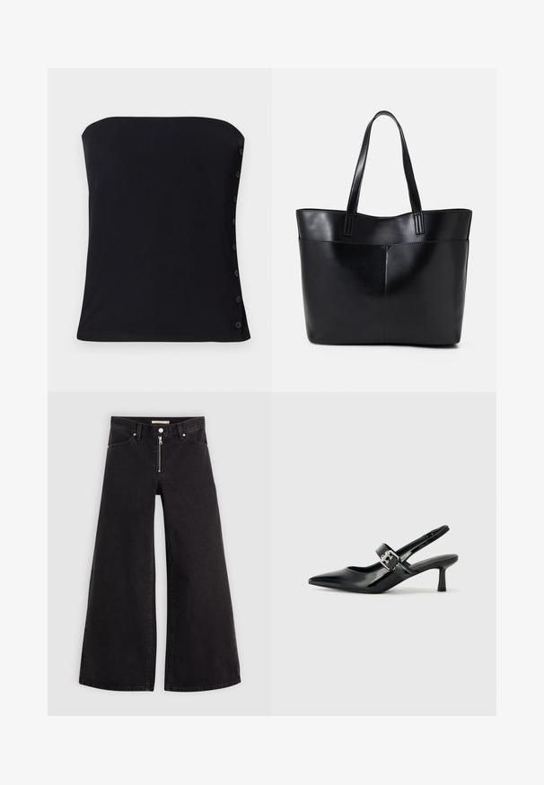 Mustmust mustriba ülaläbipaistev must topp, mis on hästi istuv. Omab külgmisi nööpe ja siledat tekstuuri. Alläär on sirge.; Laiad teksad mustast denimist, millel on lukuga eesmine osa, viie taskuga disain ja peened õmblusdetailid. Sile tekstuur ja juhuslik stiil.; Mustad patenteeritud nahast sildiga kontsad, millel on terav nina ja väike plokk-konts, mille rihmal on hõbedane pandla aksessuaar.; Must mustaga musta nahast, millel on kaks pikka kanda, sile tekstuur ja struktureeritud kuju. Esipoolsel on lisakoti jaoks tasku.