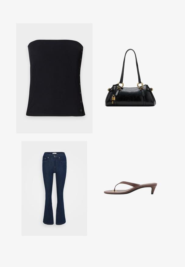 Black strapless ribbed top with a fitted design. Features side buttons and a smooth texture. Hemline is straight at the bottom.; Dark blue denim flared jeans with a classic five-pocket design, metal button closure, and stitching accents on the pockets.; Brown heeled flip-flop sandal with a slender strap and rounded toe post, featuring a small gold accent on the footbed.; Black leather handbag with a smooth texture, rounded shape, gold hardware accents, and dual handles. Features a decorative lock on the side.