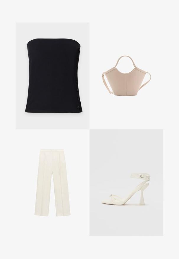 Crni top bez naramenica s rebrastim uzorkom i prilagođenim dizajnom. Sadrži bočne gumbe i glatku teksturu. Hemline je ravno dno.; Hlače širokog kroja u svijetloj krem boji. Izrađene su od glatkog materijala s plisama sprijeda i bočnim džepovima.; Bijela kožna sandala na visokom potpetici s trakama, elegantnog dizajna, s prozirnom blok potpeticom i dekorativnim elementom na prstima.; Bež kožna torba jedinstvenog oblika, s dva kratka ručka i dugom podesivom trakom. Glatka tekstura s minimalnim metalnim dodacima.