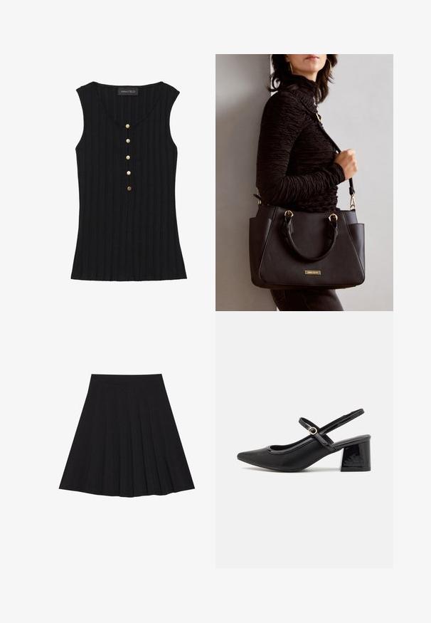 Fekete ujjatlan póló bordázott textúrával, V nyakkivágással és öt aranyszínű gombbal elöl. Címke látható a nyakkivágásnál.; Fekete, pliszírozott szoknya texturált anyagból, szűk derékpánttal. Térd alá ér, sima, letisztult vonalvezetéssel.; Fekete lakk bőr, pántos magassarkú cipő, hegyes orral, lekerekített kivágással és tömbsarkal. Arany színű csat díszíti.; Fekete kézitáska texturált felülettel, dupla felső fogantyúval és állítható vállpánttal. Arany színű fém kiegészítők és oldalsó zsebek találhatók rajta.