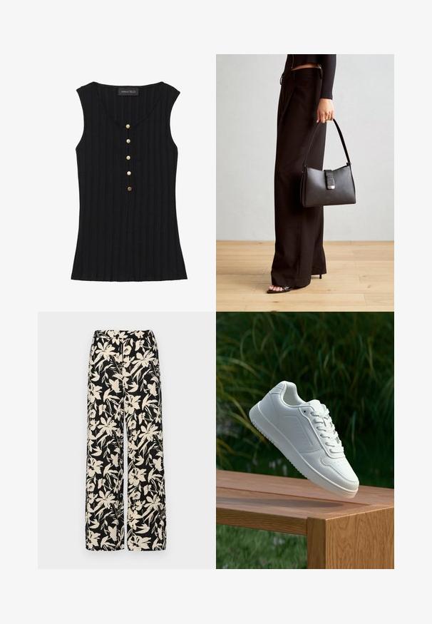 Črna brezrokavna majica z rebrasto teksturo, V-izrezom in petimi zlatimi gumbi spredaj. Oznaka vidna na izrezu.; Črne široke hlače z kremnim cvetličnim vzorcem. Narejene so iz lahkega blaga, ki ima gladko teksturo in visok pas.; Bela teniska s gladkim sintetičnim zgornjim delom, perforiranim prednjim delom, ravnimi vezalkami in teksturiranim podplatom, prikazana na leseni površini.; Črna torbica z strukturirano obliko, gladko teksturo in kovinskim zaponko. Ujemajo se z širokimi črnimi hlačami in odprtimi sandali na lesenem tleh.