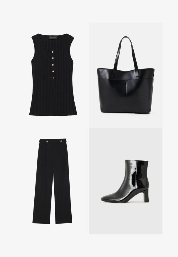 Mustata rihmadega lühikese varrukaga topp, V-kaelusega ja viis kuldse tooni nuppu ees. Silt nähtav kaeluses.; Mustad laiad püksid kõrge vöökoha ja nööpdetailidega vööandil, esikortsudega.; Must-sinine nahkjalats musta läikiva viimistlusega, millel on terav nina ja keskmise kõrgusega plokk konts. Sile tekstuur ja minimalistik disain.; Must mustaga musta nahast, millel on kaks pikka kanda, sile tekstuur ja struktureeritud kuju. Esipoolsel on lisakoti jaoks tasku.