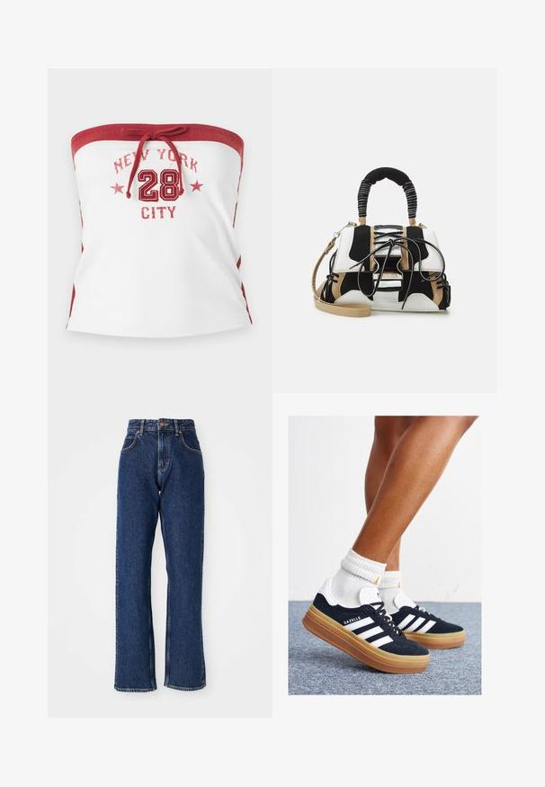 Olkaimeton toppi valkoista puuvillaa punaisilla yksityiskohdilla. Etuosassa on painettuna "NEW YORK CITY 28" ja tähtiä, ja siinä on solmittu nauha yksityiskohtana.; Tummansiniset korkeavyötäröiset suorat farkut, joissa on etunappi, vetoketjukiinnitys sekä näkyvät kor stitching taskuissa ja saumoissa.; Musta mokkanahkainen tennari, jossa valkoiset raidat ja yksityiskohdat, pyöreä kärki, purukumipohja, yhdistetty valkoisiin ribbineuleisiin nilkkasukkiin.; Monivärinen käsilaukku mustasta, valkoisesta ja beigestä verkosta. Siinä on teksturoitu kahva, nauhatyyppinen muotoilu ja irrotettava olkahihna.
