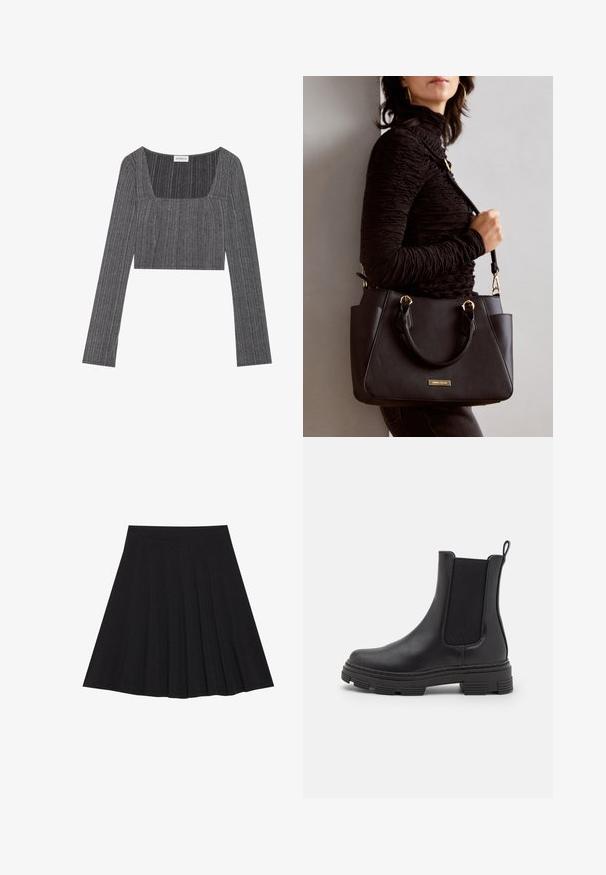 Grå ribbad långärmad topp med fyrkantig halsringning och figurnära design. Har strukturerad tyg med vertikala ränder och en cropped längd.; Svart plisserad kjol gjord av texturerad tyg med en figurnära midjeband. Faller till knä längd och har en slät, ren silhuett.; Svart läderankelboot med elastiska sidor, rund tå och texturerad gummisula. Har en ögla bak för enkel påtagning.; Svart handväska med texturerad yta, dubbla handtag upptill och justerbar axelrem. Utrustad med detaljer i guld och sidofickor.