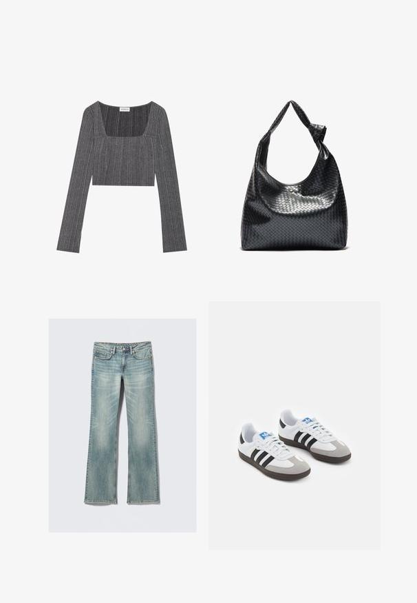 Pelēks ribots ilga piedurkne tops ar kvadrātveida kakla izgriezumu un pieguļošu dizainu. Iezīmē teksturētu audumu ar vertikālām svītrām un īsu garumu.; Gai zili džinsi ar nelielu izbalēšanu, piecas kabatas, pogu aizdare un taisnas kājas uz balta fona.; Sporta apavi ar balto ādas virsu, pelēku zamšādas purngalu un trim melnām svītrām. Iezīmē zilu logotipu uz mēles un teksturētu gumijas zoli.; Melnas austo ādas rokassoma ar vaļīgu dizainu, kurai ir mezglots siksna un neliels dekoratīvs zelta uzstuds augšdaļā.