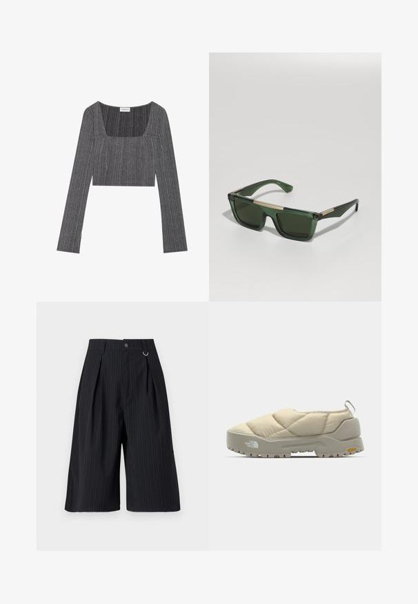 Top lung cu manșon lung, gri, cu decolteu pătrat și design ajustat. Are un material texturat cu dungi verticale și o lungime scurtă.; Pantaloni scurți negri cu dungi, cu pliuri, închidere cu nasture și accent cu inel metalic. Țesătură netedă cu o ajustare pe măsură și design până la genunchi.; Pantof de tip slip-on bej, matlasat, cu talpă gri Vibram, formă rotundă și buclă în spate. Prezintă logo pe laterala și o suprafață superioară texturată.; Ochelari de soare verzi cu rama transparentă, formă rectangulară, lentile întunecate și un accent auriu pe bara de sprânceană.; Geantă de mână din piele neagră cu un finisaj lucios, având un bănuț central, două buzunare frontale și o curea scurtă pentru umăr.