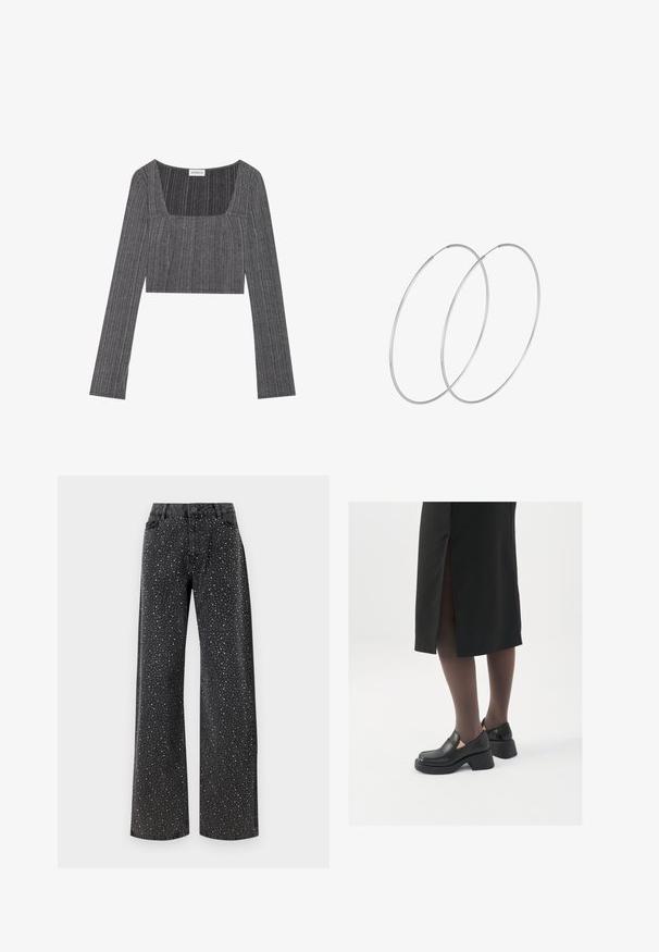 Grijs geribbeld langemouwen top met een vierkant decolleté en een aansluitend ontwerp. Heeft een gestructureerde stof met verticale strepen en een cropped lengte.; Noisy May NMJANNEL LOOSE - Relaxed fit jeans - black denim; Zwarte leren schoenen met een ronde neus, dikke blokhak en elastische zijkanten, gecombineerd met donkere panty's en een zwarte rok met een split.; Zilveren hoepel oorbellen met een minimalistisch ontwerp. Cirkelvormig, gladde textuur en dun profiel. Lichtgewicht met een gepolijste afwerking.