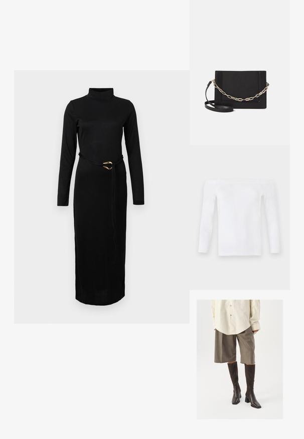 White off-the-shoulder long-sleeve top made of soft fabric, featuring a fitted design with smooth texture and minimal seams.; Black long-sleeve turtleneck midi dress with a slim fit and a thin belt featuring a gold buckle at the waist, displayed on a white background.; Brown knee-high boots with a square toe and block heel, paired with beige oversized shirt and brown checkered culottes.; Black leather crossbody bag featuring a smooth texture, rectangular shape, and a metallic chain detail on the front. Adjustable strap included.