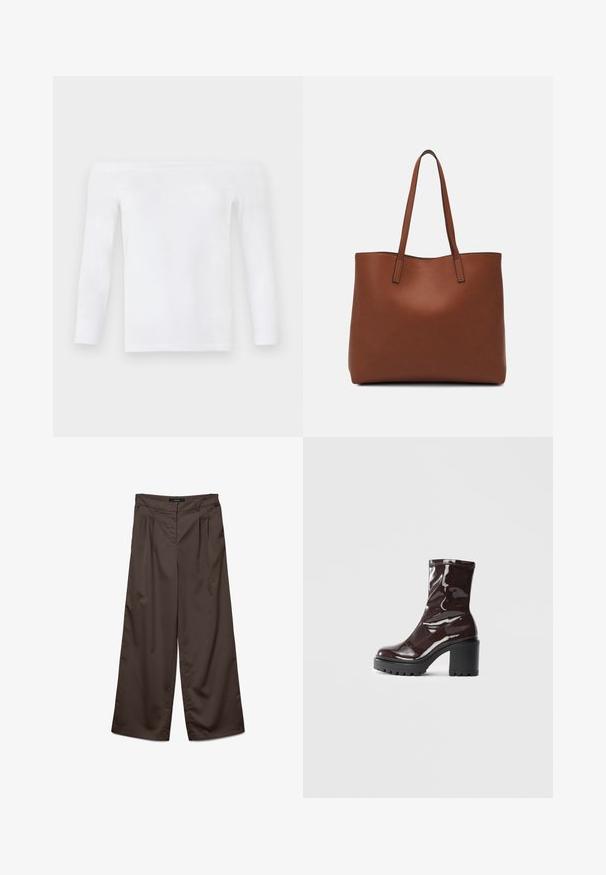 White off-the-shoulder long-sleeve top made of soft fabric, featuring a fitted design with smooth texture and minimal seams.; Wide-leg trousers in dark brown fabric with a smooth texture. Features include pleats at the front and a standard waistband.; Glossy burgundy ankle boot with a chunky black heel, featuring a smooth texture and simple design. No visible fastenings or patterns.; Brown leather tote bag with a smooth texture, open top design, and two shoulder straps. Features minimal stitching and no visible hardware.