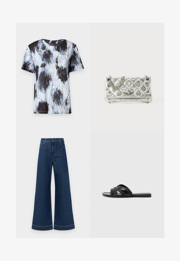 Čierne a svetlo modré abstraktne vzorované tričko s krátkym rukávom, okrúhlym výstrihom, vyrobené z bavlny, s voľným strihom a jemnou textúrou.; Modré denimové nohavice so širokými nohavicami a vysokým pásom, ktoré majú gombíkový zapínanie, pútka na opasok a jemné švy pozdĺž vreciek a lemov.; Čierne šľapky s hladkým koženým povrchom, so strapcami v tvare kríža a vyrezávanými detailmi, a plochou, flexibilnou podrážkou.; Strieborná metalická kabelka s reťazovým držadlom, prešívanou textúrou, dekoratívnym prešívaním a zipsovým uzáverom. Na prednej strane má vyrazené akcenty.