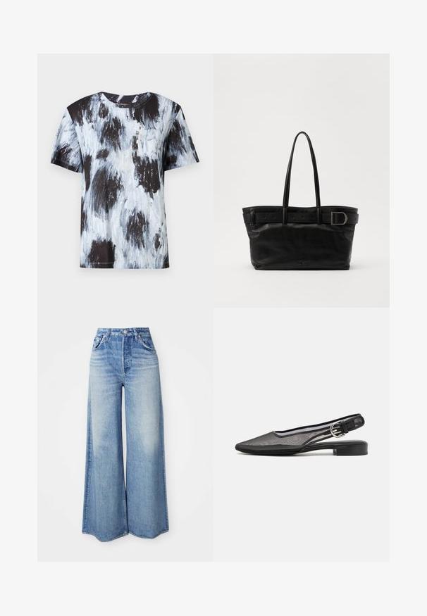 Juodas ir šviesiai mėlynas abstraktas raštas trumpomis rankovėmis marškinėliai, apvaliu iškirpimu, pagaminti iš medvilnės, pasižymintys laisvu siluetu ir minkštu pojūčiu.; Platūs džinsai, pagaminti iš šviesiai mėlynos džinsinio audinio, su aukšta juosmens linija, penkių kišenių dizainu, nusidėvėjusia danga ir suplėšytu apvadu.; rag & bone ASTRA SLINGBACK - Balerinos stiliaus laivutės su kulno dirželiu - black; Juodas oda rankinė su dviem ilgais rankenų, lygiu paviršiumi ir plačia dirželiu su sagtimi viršuje.