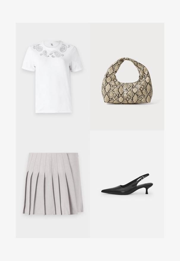 Balts kokvilnas T-krekls ar dekoratīvu paisley rakstu, kas izveidots no sudraba rhinestone akmeņiem uz krūšu zonas. Īsas piedurknes un apaļa kakla izgriezums.; Pelēka pleitota svārku ar gludu tekstūru, kas piedāvā vairākus vertikālus savilkumus un pieguļošu jostasvietu. Izgatavots no viegla auduma.; Melnas ādas slīdošās kurpes ar norādītu pirkstu un šauru, izliekta papēdi. Ar diskrētu regulējamu siksniņu ar metāla sprādzi.; Čūsku raksta soma ar izliekto rokturi. Izgatavota no teksturētiem, bēšiem un brūniem materiāliem, ar izteiksmīgu dimanta rakstu.