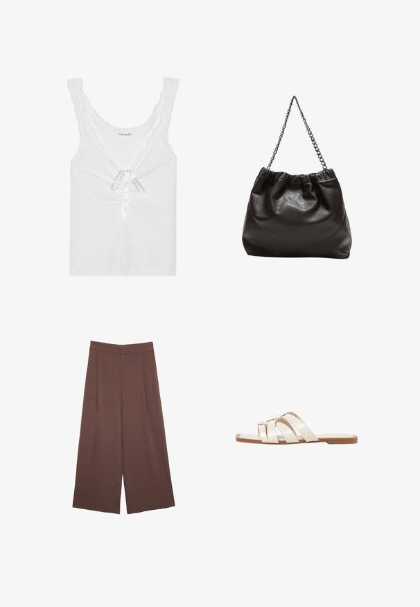 Top bianco senza maniche con bordi scallop, nodo frontale con nastro di raso e dettaglio arricciato al centro. Realizzato in tessuto morbido.; Pantaloni ampi marroni con una texture liscia, caratterizzati da una vita alta e pieghe frontali. Il tessuto è leggero e scorre liberamente.; Infradito con suola in gomma color talpa, progettate con tre cinturini in pelle bianca sovrapposti e un piccolo dettaglio a fiocco al centro.; Borsa in pelle marrone con parte superiore arricciata e tracolla a catena. Texture liscia con finitura lucida e dettagli di cucitura sottili sui lati.