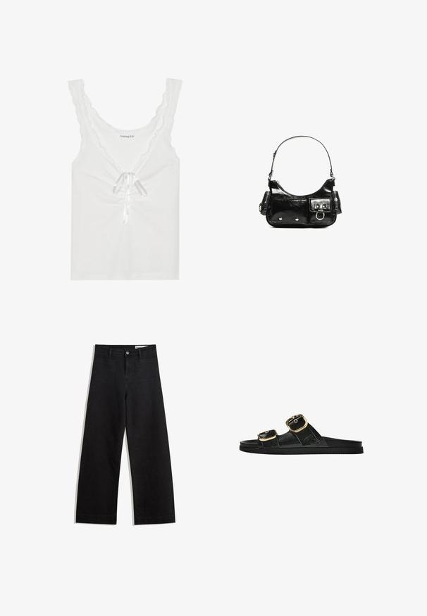 White sleeveless top with scalloped edges, a front tie with satin ribbon, and gathered detailing at the center. Made of soft fabric.; Black wide-leg denim pants with a high waist, featuring front and back pockets, stitched seams, and a button closure. Smooth texture.; Black slide sandal with two gold buckle accents, smooth textured material, flat sole, and a minimalist design.; Black patent leather handbag with a curved shape, one shoulder strap, front pockets, and silver-tone hardware accents.