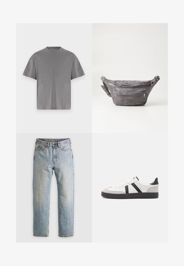 Hallist puuvillane T-särk ümarate krae ja lühikeste varrukatega, mis on avara lõikega. Sile tekstuur, ilma nähtavate mustrite või aktsentideta.; Heledad hele sinine teksapükste kõrge vöökoht, ees nupuga, lukuga ja viie taskuga disain, asetatud tasasele neutraalsele taustale.; Valged tossud mustade ja hallide aktsentidega, tekstureeritud halli varbakattega, musta kummitald ja lamedad valged paelad. Puhtad jooned, minimalistlik stiil.; Hallikate nahast vöö kott, millel on ümar kuju, kaks tõmblukuga taskut ning reguleeritav rihm. Varustatud metallist detailide aktsentidega.