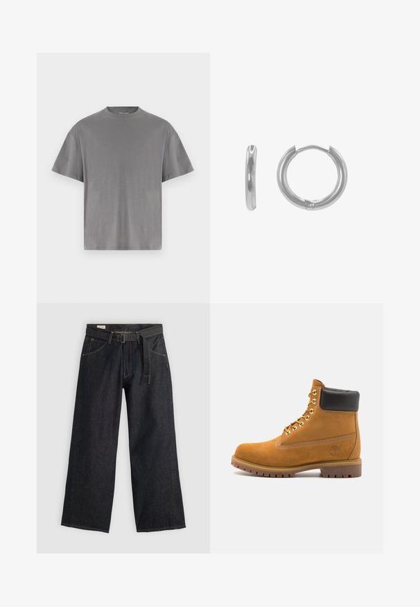 Siv bombažna majica s krožnim ovratnikom, kratkimi rokavi in ohlapnim krojem. Gladka tekstura, brez vidnih vzorcev ali dodatkov.; Temne jeans hlače širokega kroja z pasom na zadrgo, ki imajo sprednje žepe in kontrastno šivanje. Gladka struktura z brezhibnim dizajnom.; Svetlo rjave anklne čizme iz semiša z črnim oblazinjenim ovratnikom, zlatimi kovinskimi očesci, belimi šivi in robustnim gumijastim podplatom s izrazitimi tredi.; Srebrna obročasta ušesna naprava z zaobljeno obliko, polirano površino in majhnim okroglem tečajem za zapiranje. Ima premer približno 2,5 cm.